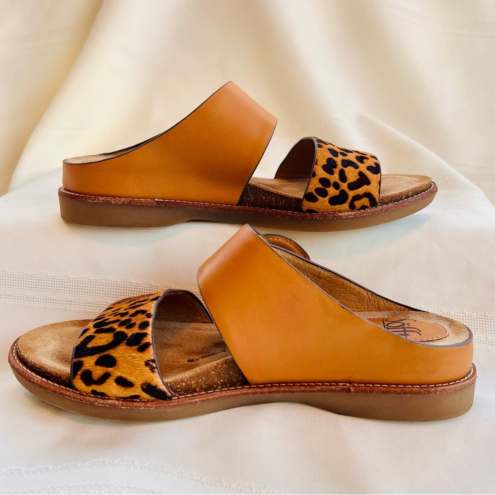 Söfft Leopard Print and Tan Leather Slide Sandals - Picture 4 of 14